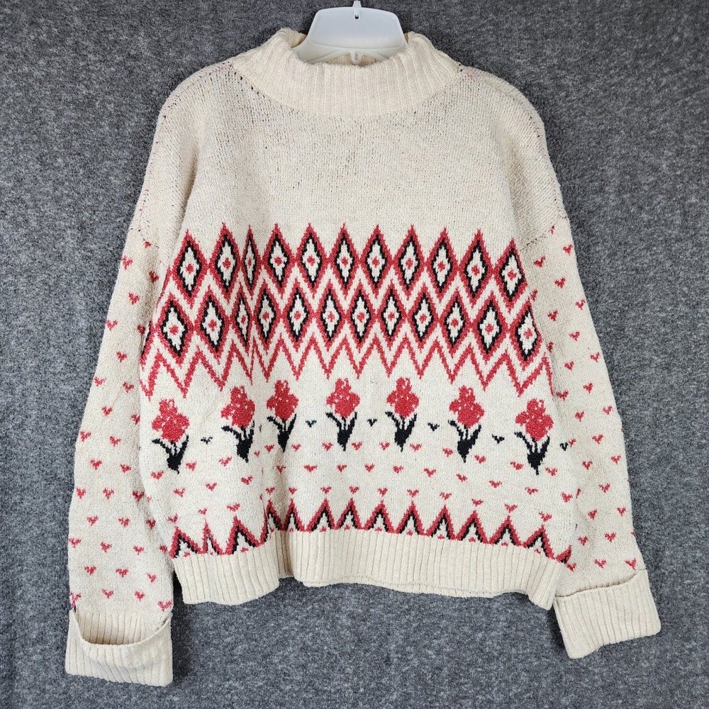 Sonoma Lauren Lane Sweater Womens Medium Mock Neck Cream Red Floral EUC